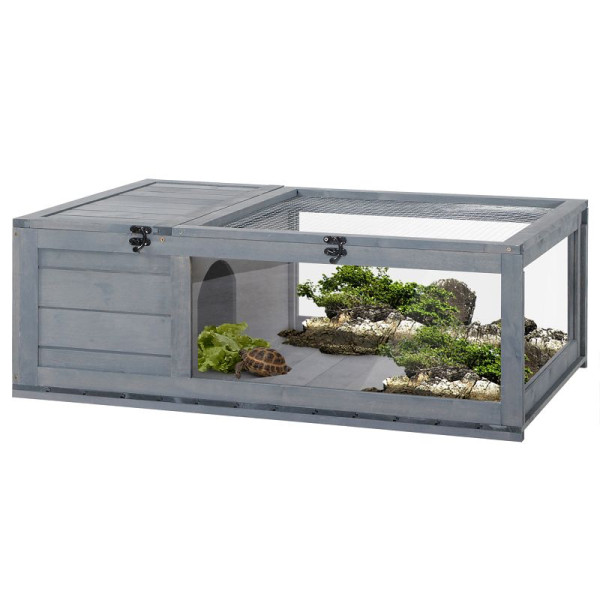 PawHut Schildkrötenhaus aus Holz Schildkrötengehege mit Haupthäusern aufklappbare Oberseite 91x60,5x32 cm, Grau, D40-012