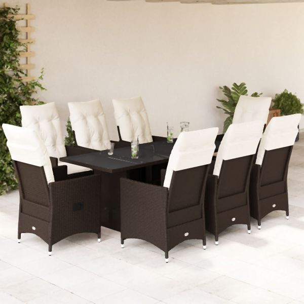 vidaXL 9-tlg. Garten-Essgruppe mit Kissen Braun Poly Rattan, 3276777