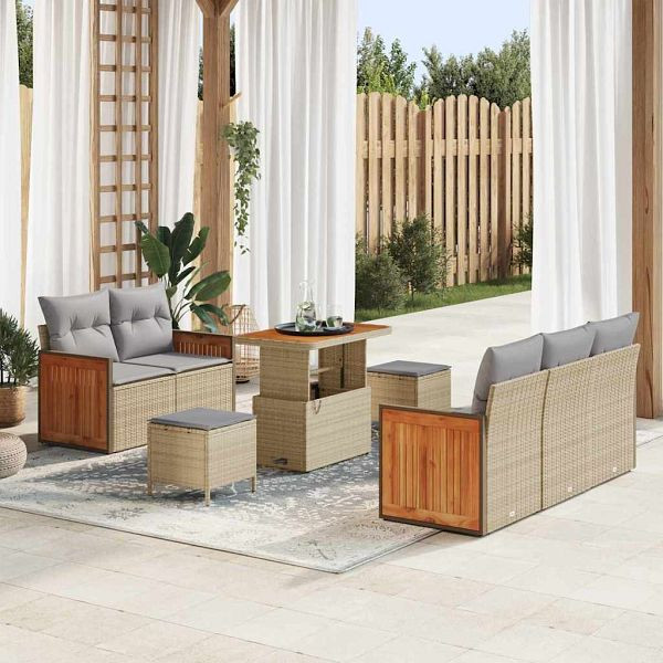 vidaXL Garten-Sofa-Set mit Kissen mit Speicher 8-teilig Beige Poly-Rattan, 3365202