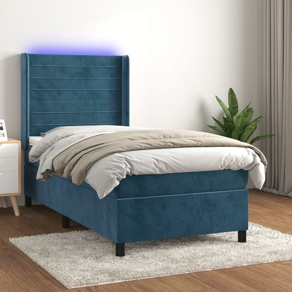 vidaXL Boxspringbett mit Matratze & LED Dunkelblau 90x200 cm Samt, 3139605