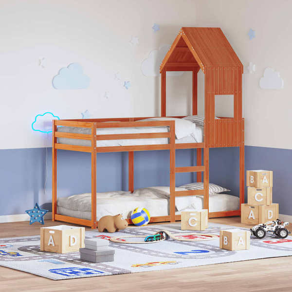 vidaXL Etagenbett mit Dach Wachsbraun 90x190 cm Massivholz Kiefer, 3282004