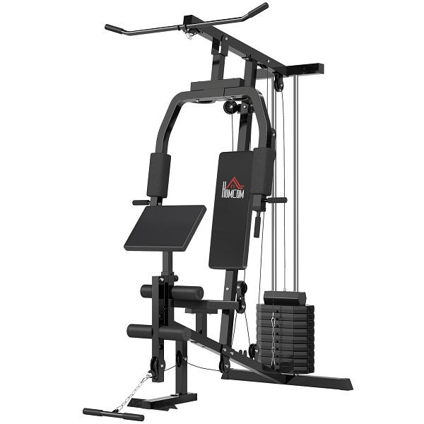 HOMCOM Kraftstation für Zuhause Fitnessstation mit Latzuggerät, Kabelzug, kurzer Bizepsstange, Brustpresse, Beintrainer, Butterfly-Maschine 45kg, A91-132