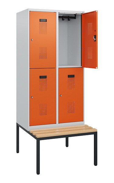 C+P Doppelstöckiger Spind Evolo PLUS, Bank, 4 Fächer, 1950x800x815mm, 7035/2004, Zylinderschloss, Sitzfläche Buche-Hartholz, Sitzbank, 0493505-22 S10022