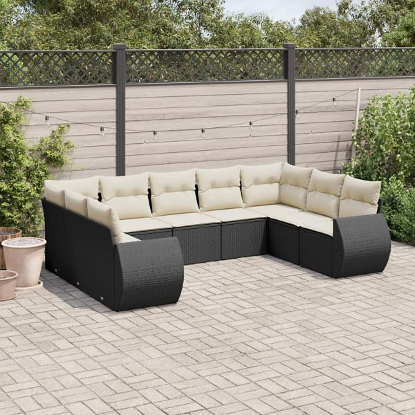 vidaXL 9-tlg. Garten-Sofagarnitur mit Kissen Schwarz Poly Rattan, 3221795