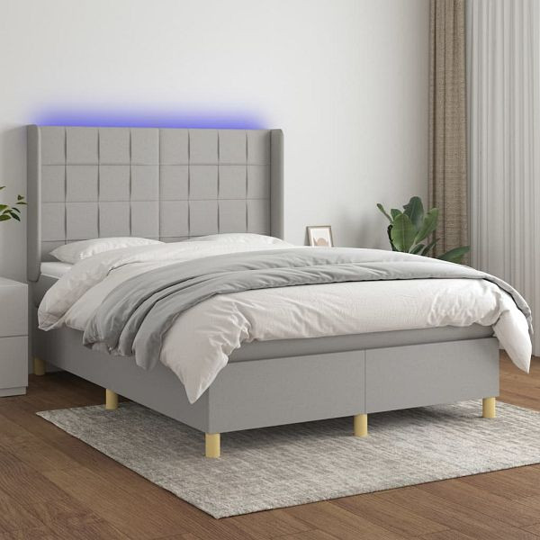 vidaXL Boxspringbett mit Matratze & LED Hellgrau 140x200 cm Stoff, 3138877