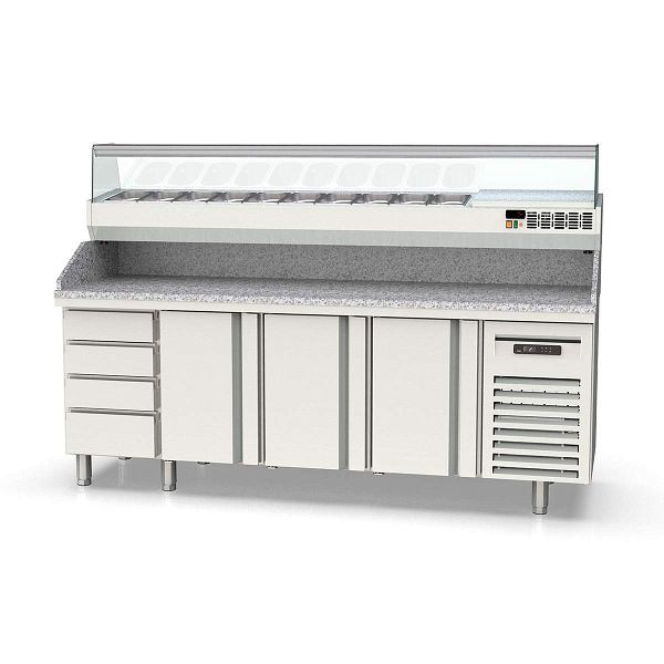 Vaiotec TOPLINE Pizzatisch 700 / 4-fach mit 3 Türen, Schubladenblock, Granitplatte grau, inkl. Kühlaufsatz, GN 1/4, Breite: 2245 mm, 11620