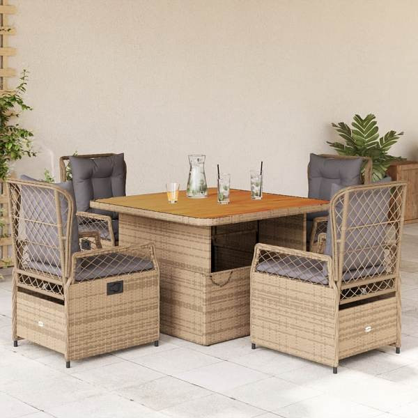vidaXL 5-tlg. Garten-Essgruppe mit Kissen Beige Poly Rattan, UV-beständig, 3262918