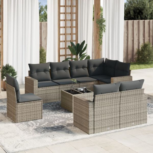 vidaXL 9-tlg. Garten-Sofagarnitur mit Kissen Grau Poly Rattan, 3251587