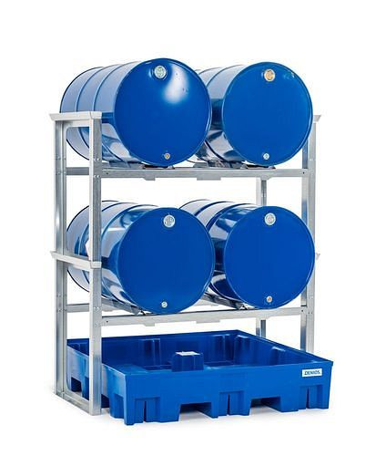 DENIOS Fassregal für 4 Fässer à 200 Liter, mit Kunststoffwanne, 1429 x 1235 x 1637 mm, 291786