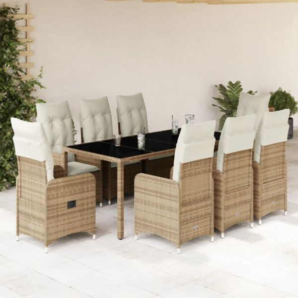 vidaXL 9-tlg. Garten-Bistro-Set mit Kissen Beige Poly Rattan, 3277103