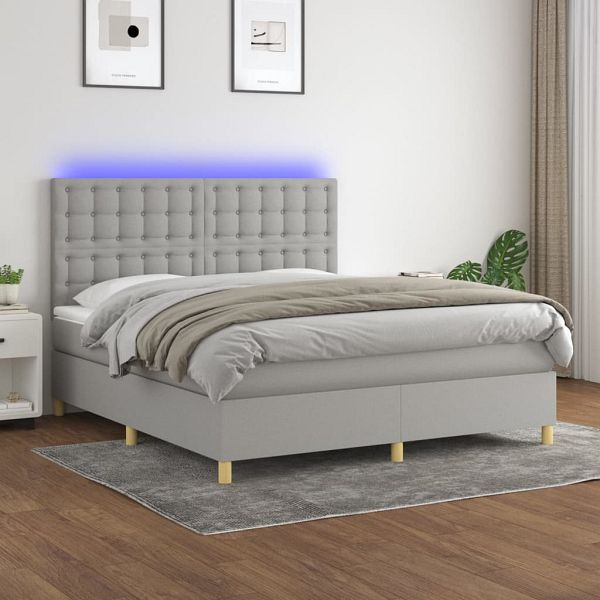 vidaXL Boxspringbett mit Matratze & LED Hellgrau 180x200 cm Stoff, 3135773
