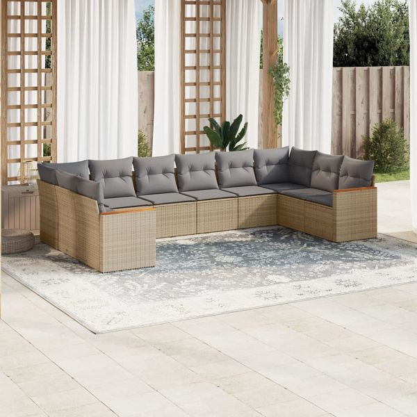 vidaXL 10-teilig Garten-Sofagarnitur mit Kissen Beige Poly Rattan, 3226325
