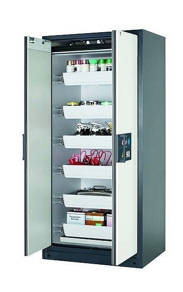 asecos Sicherheitsschrank Q-PEGASUS-90, Q90.195.090.WDAC in reinweiß RAL 9010 mit 6x Auszugswanne Standard (Stahlblech), 30042-050-30055