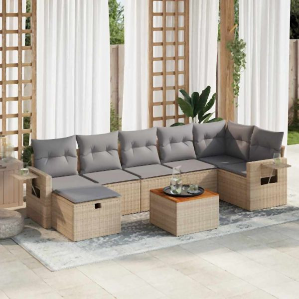 vidaXL 8-tlg. Garten-Sofagarnitur mit Kissen Beige Poly Rattan, 3325825