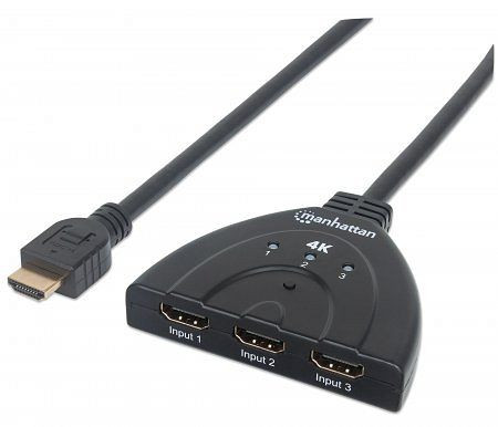 MANHATTAN 4K 3-Port HDMI-Switch, 4K@60Hz, Stromversorgung über USB, integriertes Kabel, schwarz, 207874