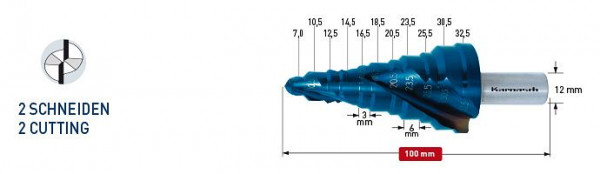 Karnasch Stufenbohrer HSS-XE, Blue-Dur beschichtet Spiral genutet - 2 Schneiden 7-32,5mm, 201471