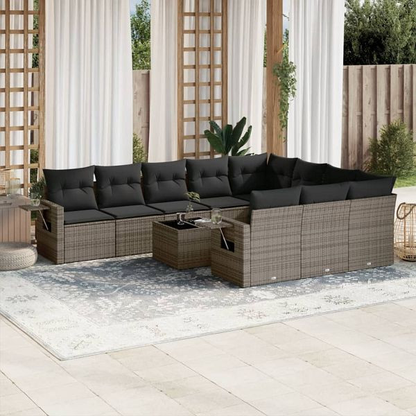 vidaXL 11-tlg. Garten-Sofagarnitur mit Kissen Grau Poly Rattan, 3253037
