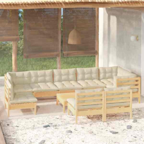 vidaXL 10-tlg. Garten-Lounge-Set mit Creme Kissen Massivholz Kiefer, 3096484