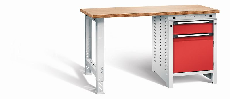 Otto Kind Werkbank function Typ 204, überstehende Multiplex-Arbeitsplatte, 1 Fußgestell, 1 Unterbau, Gehäuse RAL 7035, Front RAL 3000, 072190034