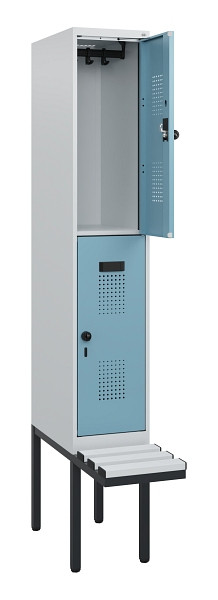 C+P Doppelstock-Spind Evolo PLUS, Bank, 2 Fächer, 1950x300x815mm, 7035/0010, Drehriegel, Sitzfläche Kunststoff, 0493405-10 S10099