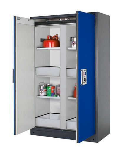 asecos Feuerbeständiger Gefahrstoffschrank Select, Mittelwand, mit Einlegeböden, Bodenwannen, blau, 266842