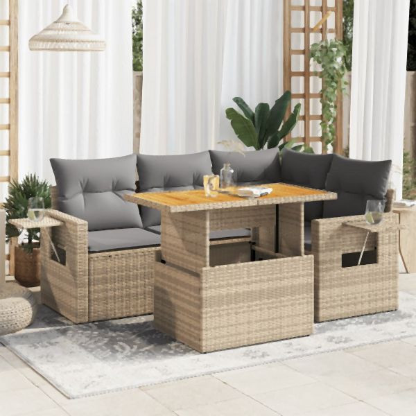 vidaXL 5-tlg. Garten-Sofagarnitur mit Kissen Beige Poly Rattan, 3327146