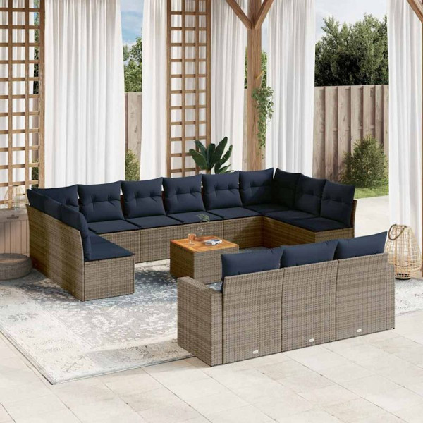 vidaXL 14-teilige Garten-Sofagarnitur mit Kissen Grau Poly Rattan, 3256698