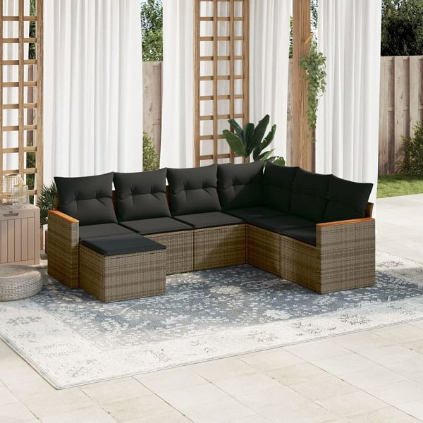 vidaXL 7-teilig Garten-Sofagarnitur mit Kissen Grau Poly Rattan, 3226207