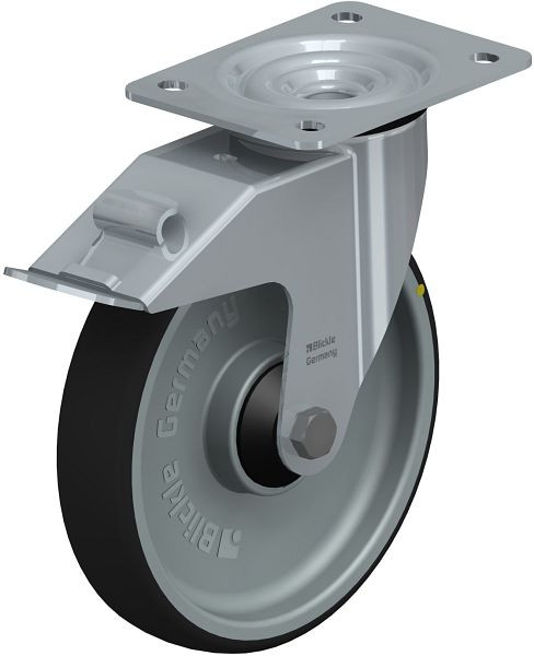 Blickle LE-PATH 200K-FI-ELS Stahlblech-Lenkrolle mit Anschraubplatte & Feststeller, Thermoplastisches Polyurethan, Grau, 852168