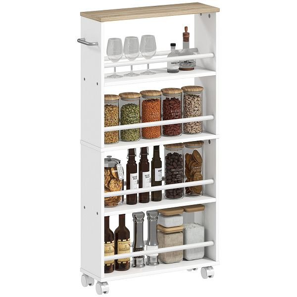 HOMCOM Multifunktionsregal mit Rollen, schmale Bauweise, 4 Fächer, 45x15x91 cm, Naturholz, 850-322V90ND