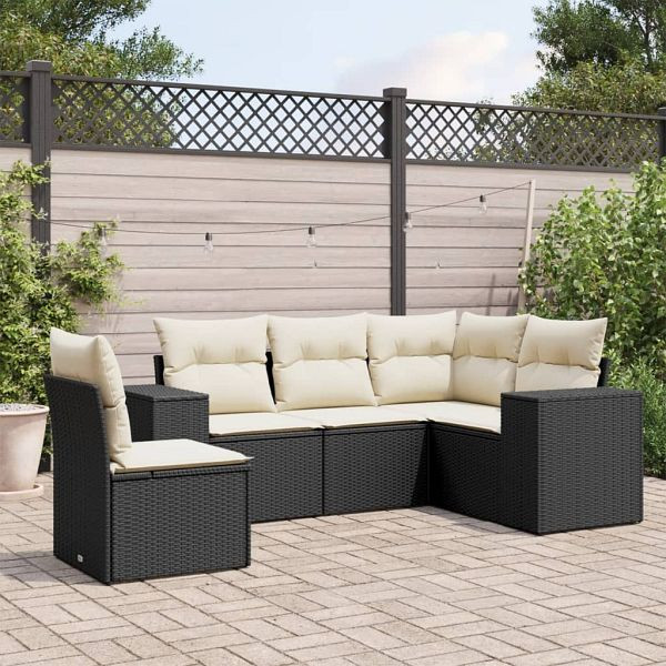 vidaXL 5-teilig Garten-Sofagarnitur mit Kissen Schwarz Poly Rattan, 3222565