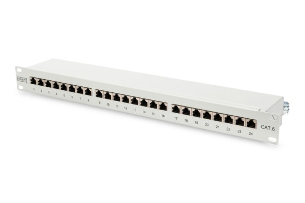 DIGITUS CAT 6 Patch Panel, geschirmt, 24-port RJ45, 8P8C, LSA, 1HE, Schrankmontage, grau RAL 7035, DN-91624S