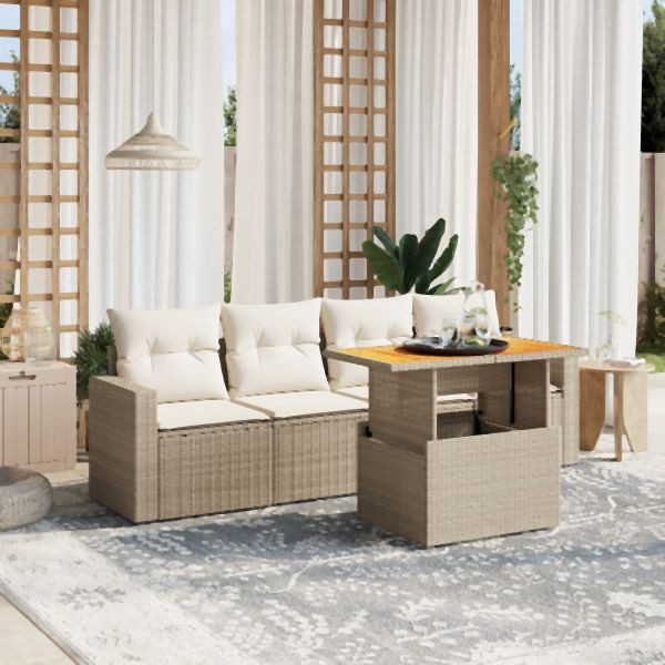 vidaXL 5-tlg. Garten-Sofagarnitur mit Kissen Beige Poly Rattan, 3271191