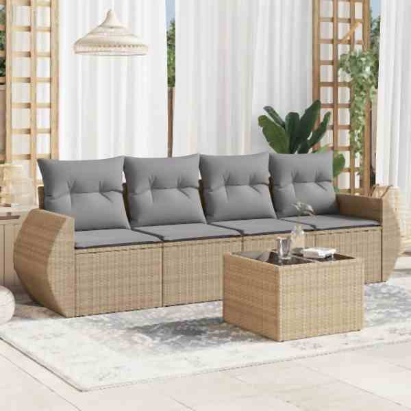 vidaXL 5-tlg. Garten-Sofagarnitur mit Kissen Beige Poly Rattan, UV-beständig, 3221088