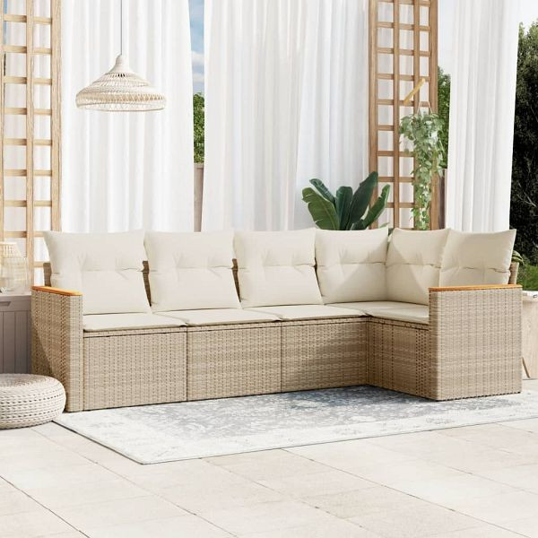 vidaXL 5-teilig Garten-Sofagarnitur mit Kissen Beige Poly Rattan, 3258348