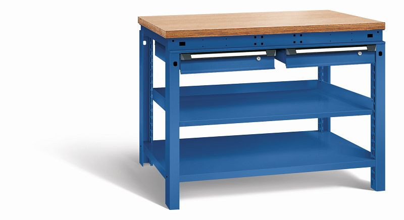 Otto Kind Werkbank Serie function Typ 209, Multiplexplatte 40 mm, bündig, 2 Schubladen 120 mm, komplett RAL 5010, 072339113