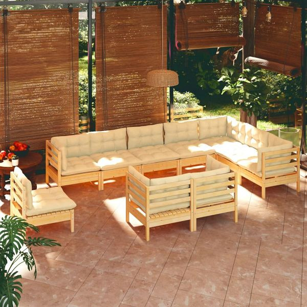 vidaXL 10-teilig Garten-Lounge-Set mit Creme Kissen Massivholz Kiefer, 3096779