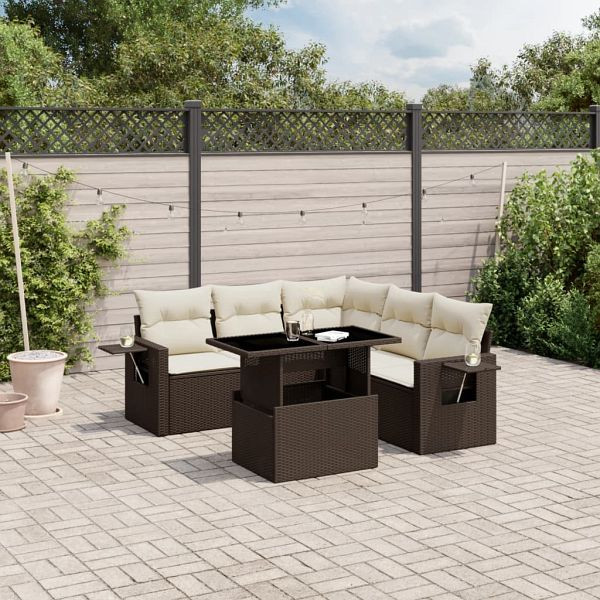 vidaXL 6-teilig Garten-Sofagarnitur mit Kissen Braun Poly Rattan, 3267903