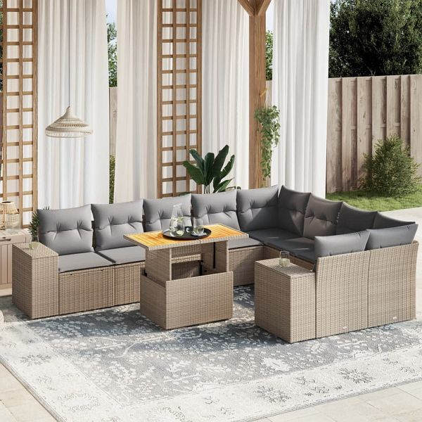 vidaXL 10-teilig Garten-Sofagarnitur mit Kissen Beige Poly Rattan, 3272795