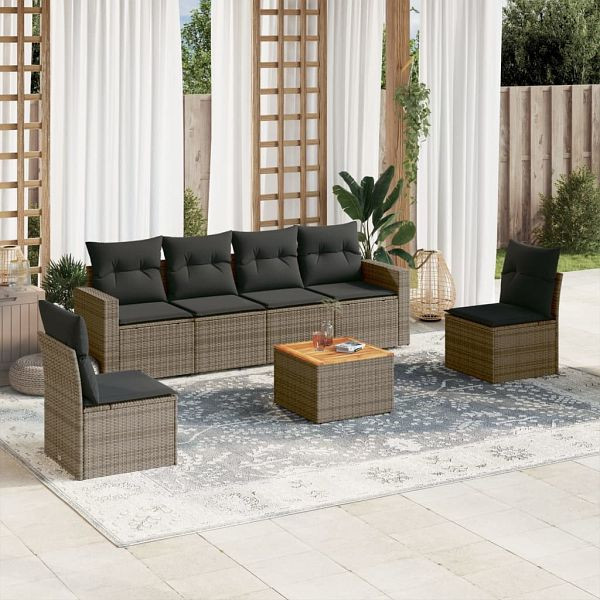 vidaXL 7-teilig Garten-Sofagarnitur mit Kissen Grau Poly Rattan, 3224072
