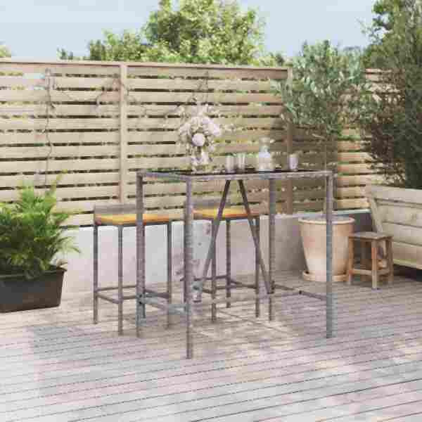 vidaXL Bartisch mit Glasplatte Grau 110x70x110 cm Poly Rattan, 362589