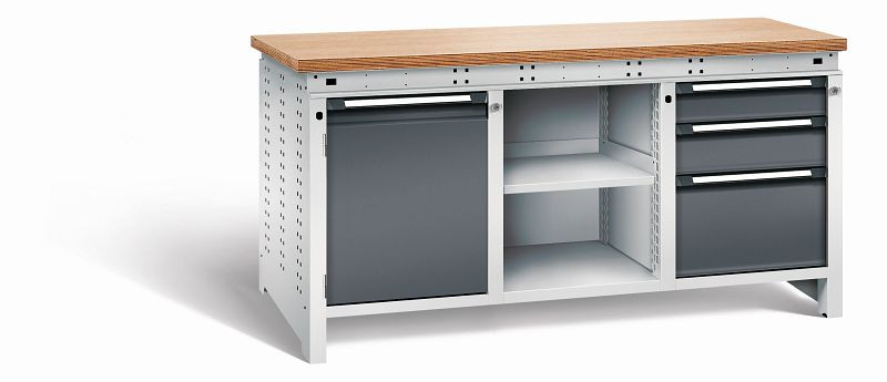Otto Kind Werkbank Serie function Typ 307, Multiplexplatte 40 mm, bündig, 2x Unterbau + mittleres Feld, Gehäuse RAL 7035, Front RAL 7016, 072362149