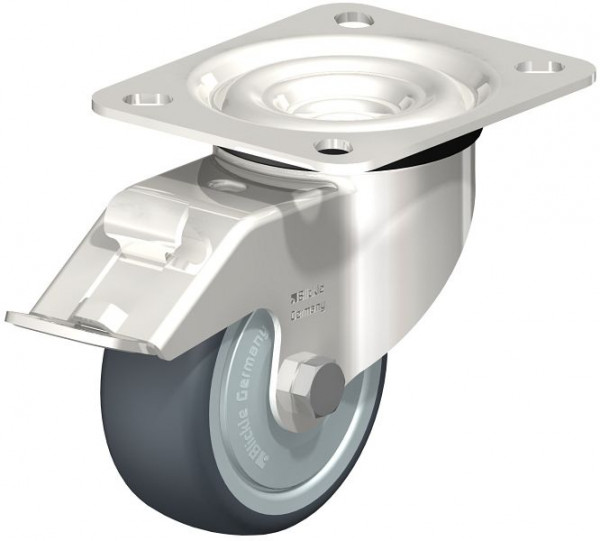 Blickle LEX-TPA 80KD-FI-FK Edelstahl-Lenkrolle mit Anschraubplatte & Feststeller, Thermoplastisches Gummi-Elastomer, Grau, 760861