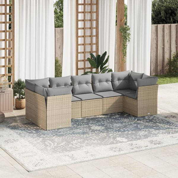 vidaXL 7-tlg. Garten-Sofagarnitur mit Kissen Beige Poly Rattan, 3249958