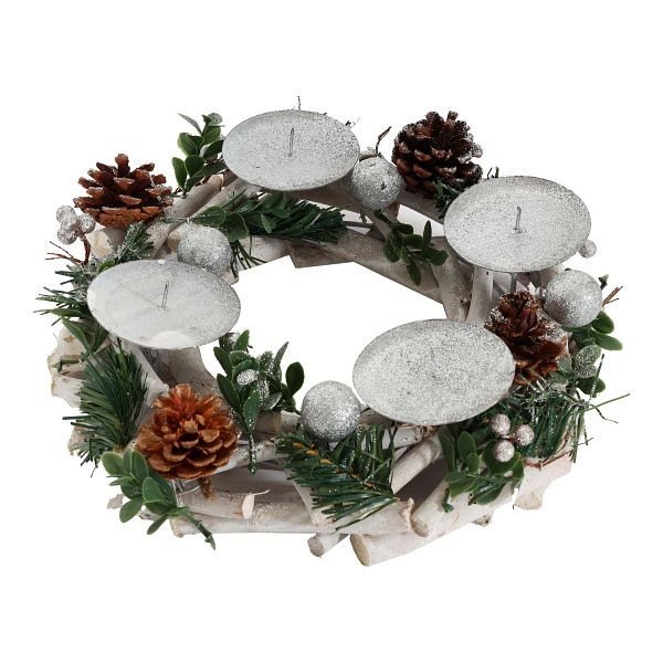 Mendler Adventskranz HWC-M12, Adventsgesteck Tischkranz Weihnachtsdeko Tischdeko Holz silber weiß Ø 30cm, ohne Kerzen, 103799