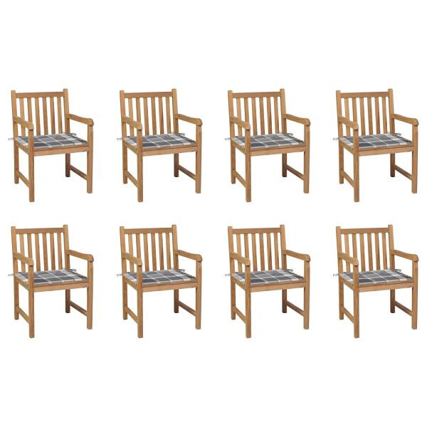 vidaXL Gartenstühle 8 Stück Graue Karomuster-Kissen Massivholz Teak, 3073072