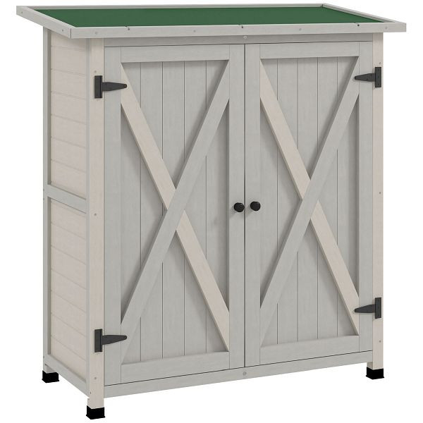 Outsunny Geräteschrank aus Holz mit 2 Türen, Geräteschuppen mit Asphaltdach, 110 x 55 x 117 cm, Hellgrau, 845-324V01LG