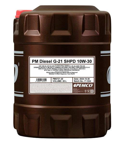 PEMCO Mehrbereichsöl 721 Diesel G-21 SHPD 10W-30, VE: 20 l, PM0721-20