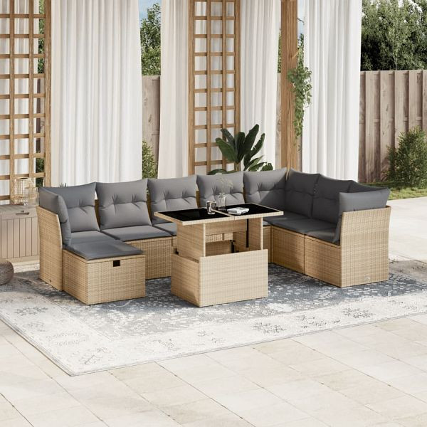 vidaXL 9-tlg. Garten-Sofagarnitur mit Kissen Beige Poly Rattan, 3274709