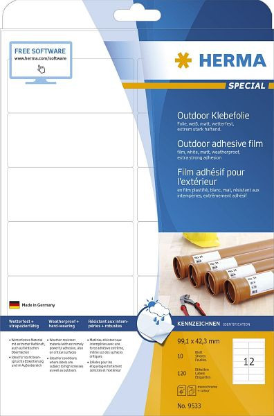 HERMA 9533 Etiketten A4 Outdoor Klebefolie weiß 99,1x42,3 mm Folie matt 120 St., 9533